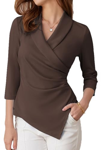 GRACE KARIN Top da donna con scollo a V, maniche a 3/4, camicia a tunica, elegante, plissettata, camicetta da ufficio casual