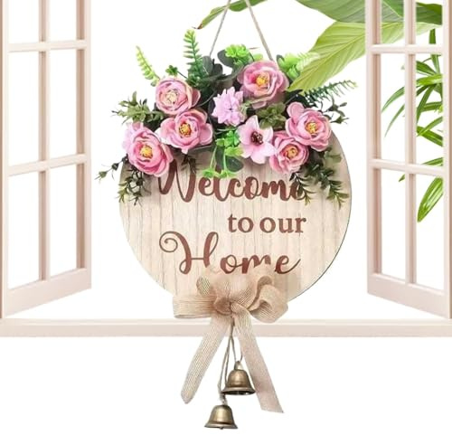 Salyeeluly Bienvenue dans notre décoration murale, panneau de porte de bienvenue | Couronne de décor de printemps de porte d’entrée - Décorations de porche de ferme d'eucalyptus, signe rond en bois