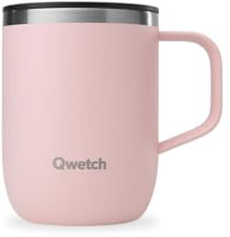 Qwetch – Tazza Termica 350 ml con Manico Rosa Pastello – Mug Termica Caffè & Tè – Acciaio Inox Riciclato 90% – 6h Caldo / 12h Freddo – Coperchio Scorrevole Antigoccia – Compatibile con Filtri
