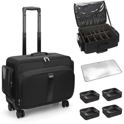 Grande valigetta cosmetica trolley, professionale beauty case con 4 piccole borse cosmetiche, valigetta da viaggio per cosmetici, organizer portatile da parrucchiere, Nero , Viaggio