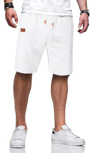 JESDM Short Coton Lin Homme Été Décontracté Bohème avec Trois Poches Fonctionnelles Blanc XXL