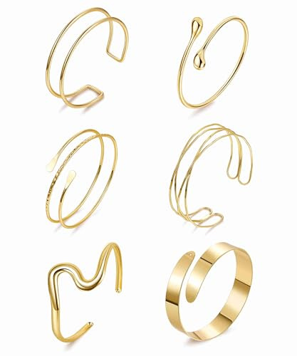 Masedy 6PCS Gold Arm Cuff Bracelets for Women Upper Armband Open Adjustable Wrist Arm Bangle Bracelets Set Minimalist Thin Stack Coil Swirl Trendy Armlet Jewelry A