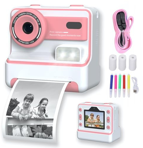 Appareil Photo Enfant, Appareil Photo Instantané 2.4 Écran avec Papier d'impression et Carte 32GB, Mode Video, Jouet Cadeau pour Filles Garçons Enfant de 3-14 Ans (Rose)