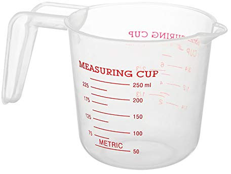 Verre doseur 250ml | Plastique | Incassable | Compatible Lave-Vaisselle | avec Poignée | Transparent avec Graduation Rouge | Mesure 250ml