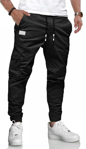 KUNJLELP Pantalon Cargo Homme en Coton Pantalons de Jogging pour Hommes Mode Training Pantalons avec Cordon de Serrage Poches,Noir 02,M