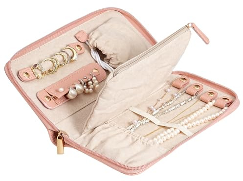 TRIXES Travel Jewellery Wallet – Zipped Pink Vegan Leather Holder for Rings, Earrings, Bracelets and Necklaces etc. – Essential Travel Accessory