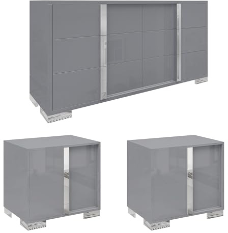 AMERLIFE 3 Piece Bedroom Set, Two 23.6 Nightstands & 6-Drawer Dresser, Silent Glide Drawers & Metal Handles, Modern High Gloss UV Finish, Dresser Set for Bedroom, Grey