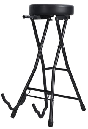 tekrabea 2-in-1 Guitar Stool with Thick Padded Seat – Foldable Portable Chair w/Built-In Stand, Retractable Hook & Non-Slip Feet, Compatible with Acoustic/Electric/Bass Guitars for Musicians