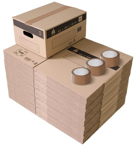 Pack and Move - Lot 50 Cartons Déménagement Stockage S - 36 x 28 x 18 cm - Poignées renforcées - 3 adhésifs offerts