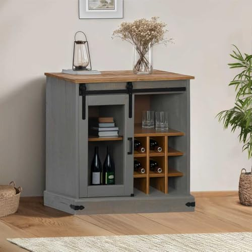 LoogCape Halden Sideboard with Sliding Door, Grey, 80 x 40 x 80 cm, Solid Wood for Living Room, Dining Room, Hallway and Office, Versatile Chest of Drawers with Storage Space, Wine Bottle Holder and