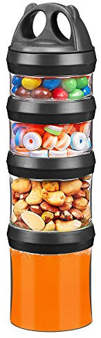 BeneLabel Snack Box, Stackable Snack Pot 4 Compartments 31oz/917ml Portable Food Container Storage Jar Nuts Candy Formula Dispenser with Lid for Travel, BPA Free & Leak-proof, Black