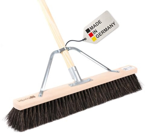 BawiTec Echt-Arenga-Besen mit speziellem Stielstabilisator und Stiel Ø28mm,Mittelharte Borsten,Nass-und Öl-beständig,Breite 80cm,Länge 160cm,Universalbesen,Straßenbesen,Besenstiel,Außenbereich,Garten