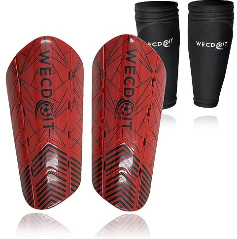 WECDOIT Schienbeinschoner Kinder Fußball Schienbeinschoner Für Kinder Und Herren 1 Paar Fussball Schienbeinschoner Mit Ärmeln Zum Schutz Der Beine (S,Rot)