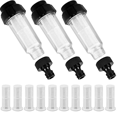 Vegena Lot de 3 filtres à eau - Tuyau d'arrosage - Préfiltre à eau 3/4 avec 10 inserts de filtre et 3 adaptateurs rapides pour nettoyeur haute pression - Pompe de jardin Irrigation de jardin Camping