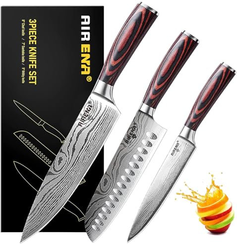 AIRENA Chef Knives Set of 3 | 8 Chef Knife | 7 Japanese SANTOKU | 5 Paring Knife & Finger Guard | High Carbon Stainless Steel | Long-Lasting Sharp Blade | Professional Kitchen Knives Set