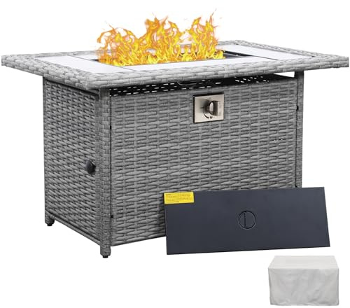 60000 BTU Wicker Gas Fire Pit Outdoor Fire Pit Table 45 Inch Fire Pits for Outside with Woodgrain Marble Tabletop Fire Pit Cover and Blue Crystal Beads