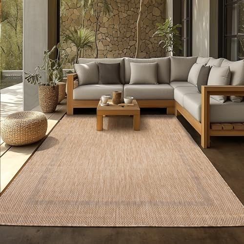 SIMPEX Tappeto Outdoor 140x200 cm Beige Design Bordura Tessuto Piatto Resistente alle Intemperie Lavabile per Soggiorno Sala da Pranzo Balcone