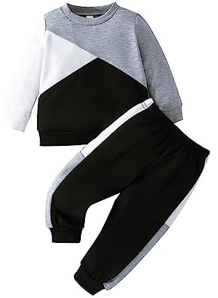 Vioyavo Toddler Kid Boys 2Pcs Trousers Sets Long Sleeve Crew Neck Contrast Color Sweatshirt Elastic Waist Long Pants Outfit Spring Fall (Gray, 3-4 Years)