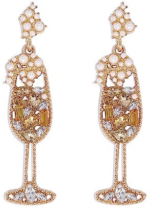 Boucles d'oreilles pendantes en verre à champagne faites à la main avec strass et perles en verre à vin pour femme, Zinc