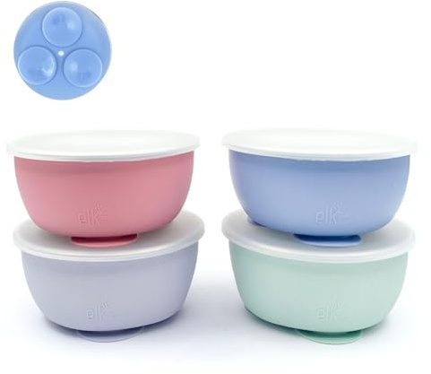 Elk and Friends Kids Stainless Steel Bowls with Silicone Suction Sleeves + Lids| Suitable for Babies/Toddlers | Dishwasher Safe | Stay Put Dinnerware | Snack Dishes | 4 Pack