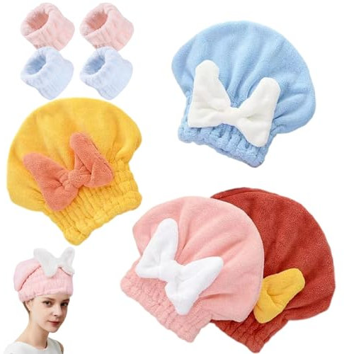4 Stück Mikrofaser Turban Handtuch für Haar schnell trocken, Kopfhandtuch Haarturban und 2 Paare Handgelenk Waschbänder, Super Saugfähige Turban Handtuch für Damen, Erwachsene oder Kinder, Mädchen