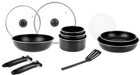 Sitram 714946 - Batería de cocina (14 unidades, aluminio), color negro 1 Wok Ø28 cm 2 sartenes Ø24,28 3 cacerolas Ø16,18,20 2 tapas. Vidrio Ø24,28 3 cubierta. Plastic Ø16,18,20 1 espátula para todo