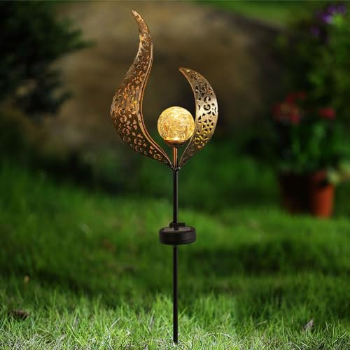 Taylor & Brown Solar Lights Outdoor Landscape Decor Torch Lantern for Patio, Lawn or Pathway Decorations Crackle Glass Globe Stake Metal Lamp Waterproof Warm White LED Garden Light