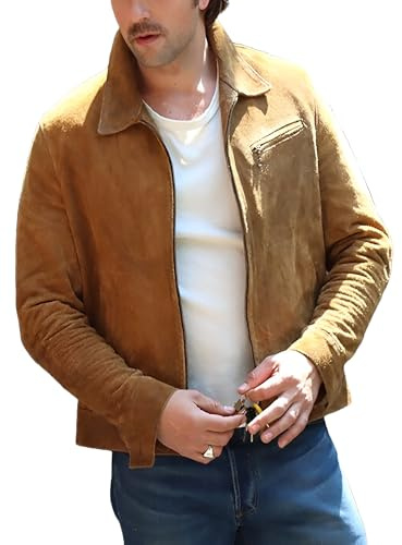 A&M Express Brandon - Chaqueta de piel de ante marrón para hombre, piel de ante auténtica con cierre de cremallera YKK, marrón, S