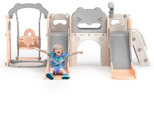 Scivolo altalena, scivolo per bambini 8 in 1 e set altalena con canestro da basket, struttura per arrampicata da giardino, telescopio, spazio di archiviazione, 2 scivoli extra lunghi da 2100 mm