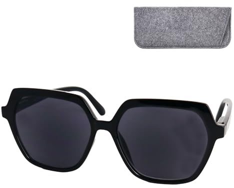 Stilfulla sexkantiga solglasögon med styrka för dam, lätt plastbåge (svart) och stora linser, gratis fodral, modern lässolglasögon +2.5 dioptrier