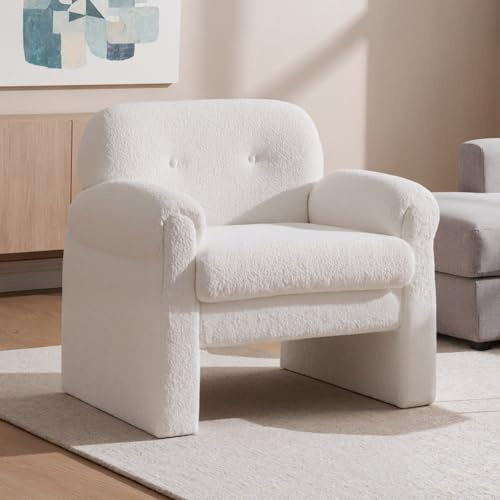 chairus Fauteuil en Fausse Fourrure Fauteuil Salon avec Dossier à Boutton Chaise Fauteuil Relax Confortable avec Pieds en Bois, Blanc
