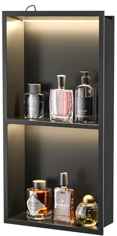Bernkot Wall niche shower stainless steel with LED, recessed shower shelf, two-layer wall niche bathroom niche shower 60 cm × 30 cm, no tiles required, black