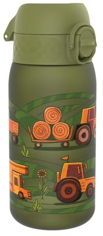 ION8 Gourde Enfant, 350ml, Anti-Fuite, Facile à Ouvrir, Verrouillage Sécurisé, Lavable en Lave-Vaisselle, Sans BPA, Poignée de Transport, Facile à Nettoyer, Carbone Neutre, Motif Machines Agricoles