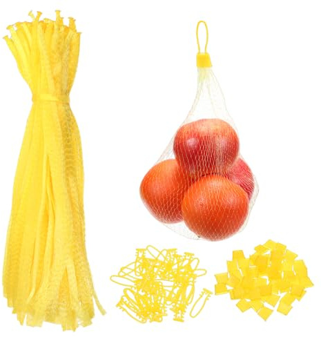 sourcing map Lot de 100 sacs réutilisables en maille - 40 cm - Sacs de rangement réutilisables avec boucle en plastique pour fruits frais, légumes, fruits de mer - Jaune, jaune, 40 cm, Sacs