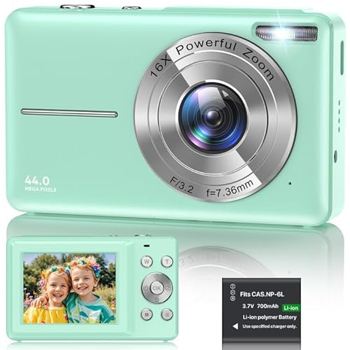 Digital Camera 1080P, 44MP FHD Compact Digital Camera, 16X Digital Zoom Portable Photo Camera with 2.4 LCD Screen, 1 Battery, Vlogging Camera for Kids, Beginners, Teens, Students-Green (No SD Card)