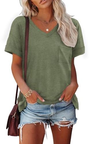 Cuptacc t-shirt damer sommar v-ringad basic top kortärmad lös elegant | Fritid, vardag, mode, lös, andas, klassisk, enkel, lätt och luftig, enfärgad, med ficka, elastisk