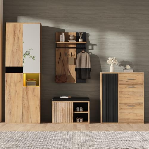 DUlVBPE Garderobenset Wandgarderobe, 4-teiliges Set bestehend aus Kleiderschrank, Schuhschrank, Schuhbank und Garderobe;Naturholzfarbe und Schwarz Maße: 215 * 36 * 190cm (B×H×T)