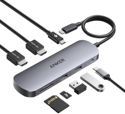 Anker Nano Laptop dockningsstation dubbel skärm, 8-i-1 USB C-hubb för fönster | Dubbel 4K @60 Hz för DP 1.4, 10 Gbps USBC och USBA dataportar, 85 W PD, SD/TF-kortläsare, för Dell, Lenovo, HP