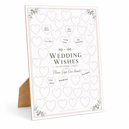 WALLFID,A4 Wedding Guestbook Alternative,Visitors Signing Stand,Wooden Display Board,40 Heart Message Pieces,Bridal Reception Keepsake,Interactive Memory Décor
