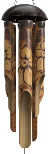Nalulu Rustic Bamboo Wind Chimes - Outside Outdoor Wooden Windchimes, Medium, Floral Burned Design with Coconut Crown, Handcrafted with Calming Deep Tones, Home Decor Ideal Gift for Him & Her