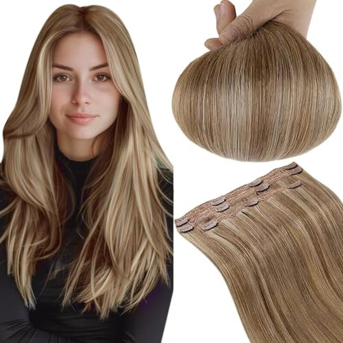 RUNATURE Clip in Extensions Echthaar Braun Highlight Blond 45cm Clip Extensions Echthaar Günstig Echthaar Extensions Clip Braun Blond Menschliches Haar 50g 3 Stück #10P16