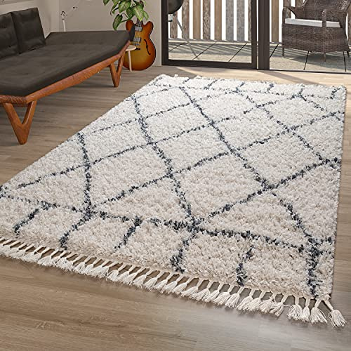 TT Home Teppich Wohnzimmer Shaggy Modern Rautenmuster Hochflor Karo In Creme Blau, Größe:200x290 cm