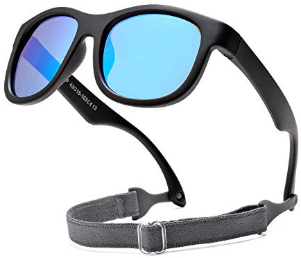 COASION Flexible Polarized Baby Sunglasses with Strap Adjustable for Toddler Newborn Infant 0-24 Months (Matte Black/Blue Mirror)