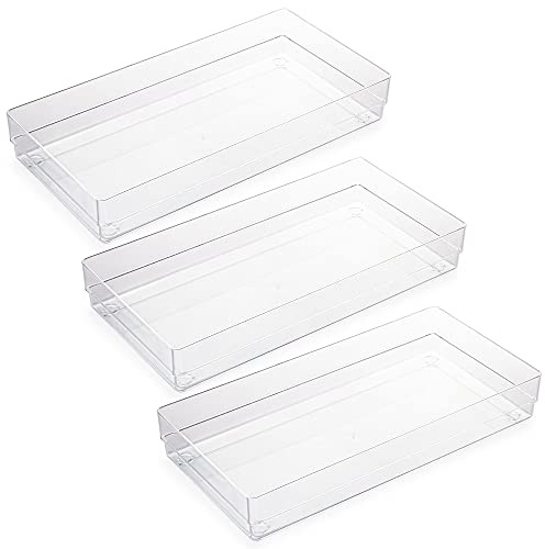LotFancy Clear Plastic Drawer Organizer, 12’’ x 6” x 2’’, Set of 3 Drawer Storage Containers Bins for Dresser Cosmetics Makeup, Stackable