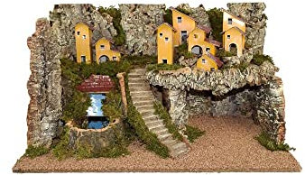 Aurora Store Scenario Presepe Completo con Cascata in Movimento e Scalinata in Sughero Ambientazione su 2 Livelli con Casette e casolari, con Grotta 60x35 x h. 36 cm Vuoto Artigianale Base Legno