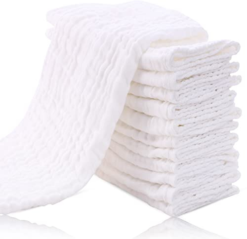Cute Castle 12 Pack Muslin Burp Cloths for Baby - Ultra-Soft 100% Cotton Baby Washcloths - Large 20'' by 10'' Super Absorbent Milk Spit Up Rags - Burpy Cloths for Unisex, Boy, Girl - White