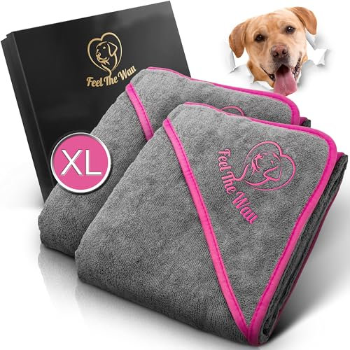 FeelTheWau Hundehandtuch extra saugfähig - Hundehandtuch für große Hunde und kleine Hunde - KUSCHELWEICH - Hunde Handtuch - Geschenk für Hundebesitzer (2er Pack 130x75cm, Grau/Pink)