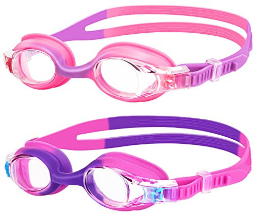 DOBET Schwimmbrille für Kinder, 2 Stücke Kinder Schwimmbrille, Antibeschlag UV Schutz Profi Schwimmbrille für Kinder Jungen Mädchen Alter 6-14 Jahre (Lila-Rosa)