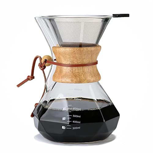 Lalord Pour Over Kaffeebereiter, 800 ml Borosilikat Glaskanne, Doppel Lagen Edelstahlfilter und moderner Holzkragen, Glas Kaffeebereiter, Kaffeedrip-Brauer, 27 oz, für 4 bis 6 Tassen.