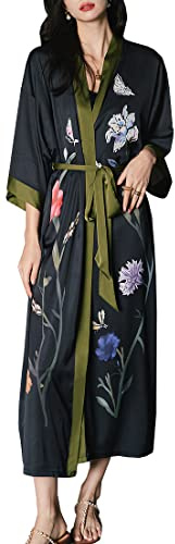 MEDUOLA Albornoces de Verano para Mujer Bata Kimono de Satén Pijama Seda Estampado con Talla Única Camisón Largo Sexy y Elegante negro flores